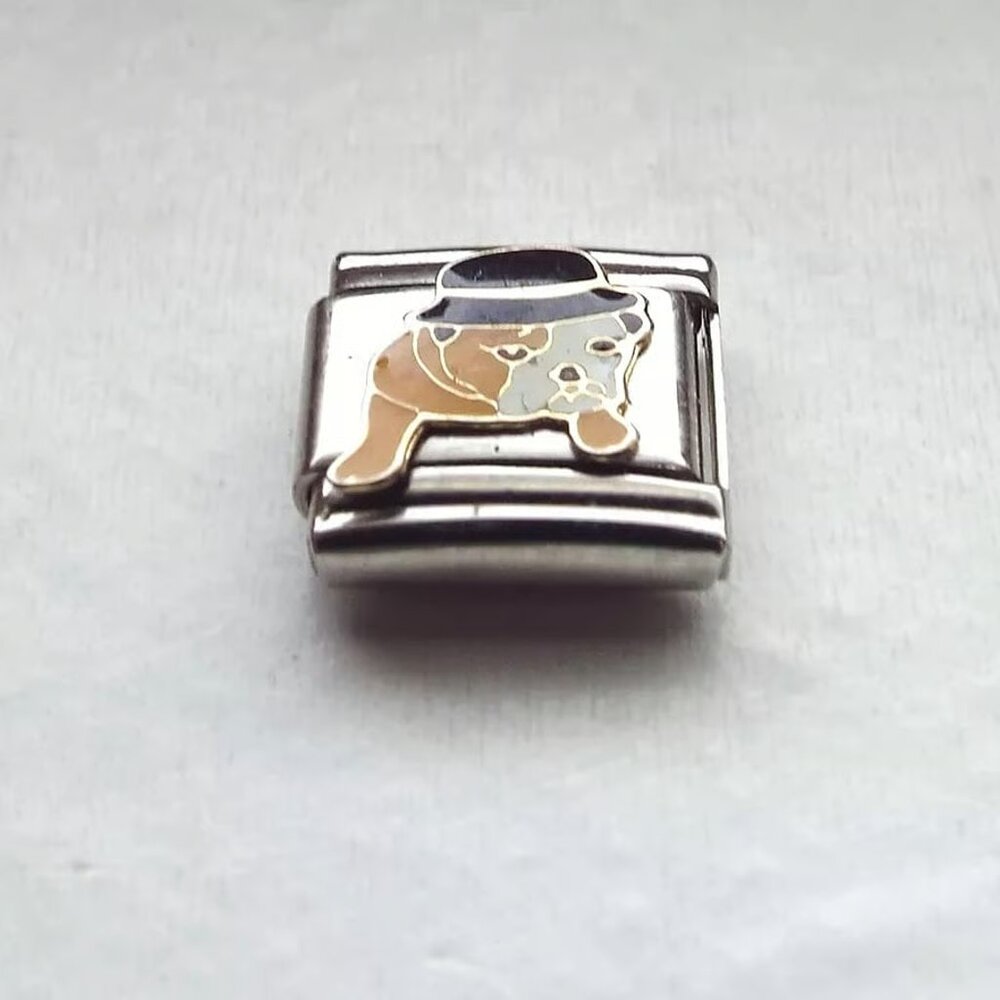 Enamel bulldog wearing a hat 9mm stainless steel italian charm bracelet link new